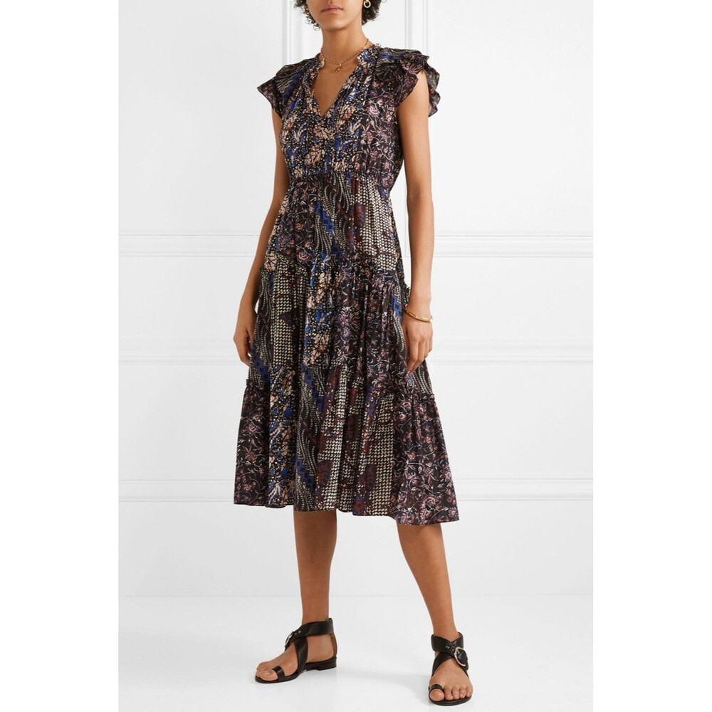 Ulla Johnson Asis Dress Mid Length Ruffled Patchwork Indonesian Batik Print Sz 2